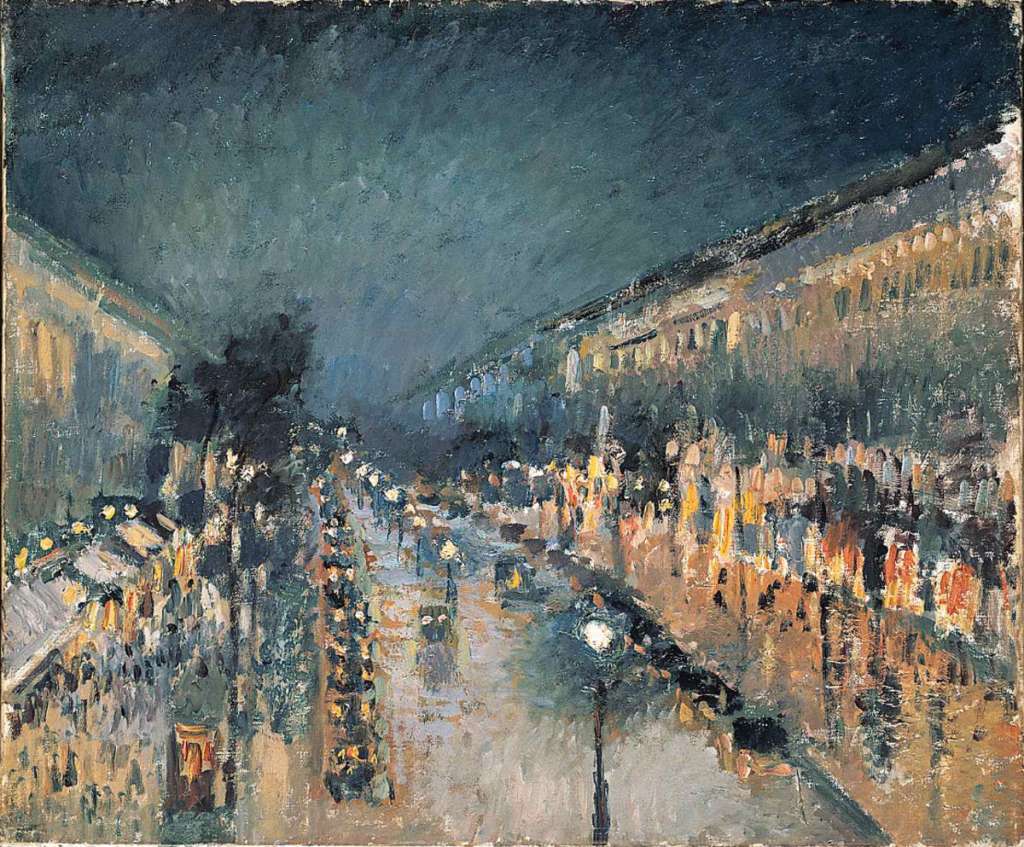 London National Gallery Next 20 19 Camille Pissarro -The Boulevard Monmartre at Night Camille Pissarro - The Boulevard Montmarte At Night, 1897, 53 x 65 cm. In February 1897 Pissarro produced a series of paintings of the Boulevard Montmartre at different times of the day. This painting is the only night scene from this series, and is a masterful rendition of the play of lights on dark and wet streets.